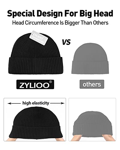 Zylioo XXL Brimless Beanie Hats,Large Knitted Trawler Skull Cap,Winter Stretchy Docker Cap,Warm Rolled Cuff Harbour Hat - color: Gray, size: Medium-Large