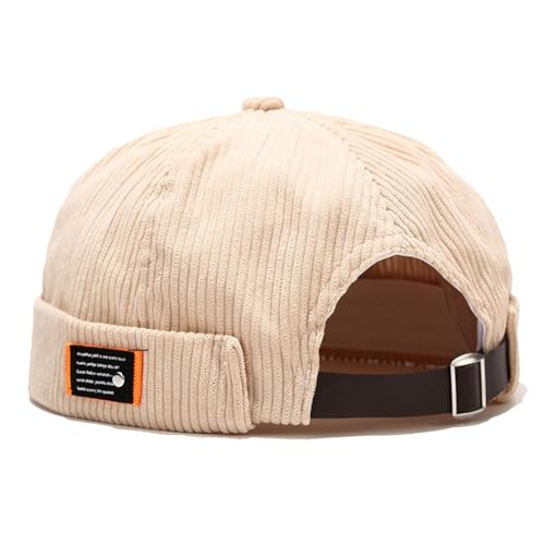 Men Docker Cap Brimless Skullcap Sailor Cap Rolled Cuff Retro Beanie Hat with Adjustable - color: Corduroy Beige