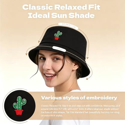 ZLYC Cotton Bucket Hat for Women Men Embroidered Packable Summer Sun Cap - color: Cactus Black