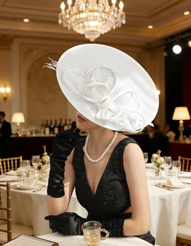 Unpifolov Fascinators Hats Elegant Women Flower Mesh Feathers Wedding Cocktail Bride Headband for Derby Hat Tea Party - color: White