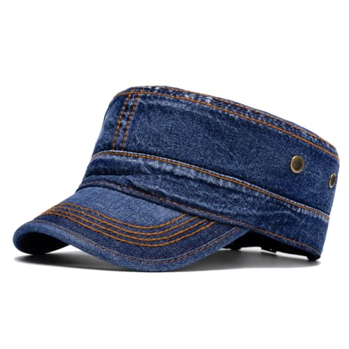 Military Cadet Army Cap for Men Women-Washed Cotton Vintage Adjustable Flat Top Baseball Hat - color: Denim Navy