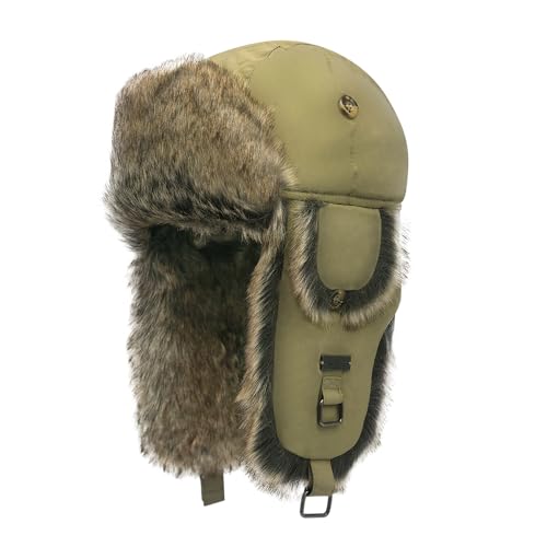 Fur Winter Trapper Hat,Unisex Taslon Faux Fur Aviator Ski Trapper Trooper Pilot Hat,Snow Eskimo Hat with Ear Flaps - color: Khaki, size: Medium-Large
