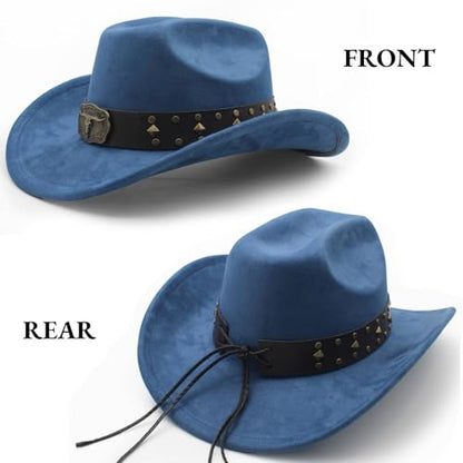 LIDHAY Cowboy Hat for Women Men with Shapeable Wide Brim Western Suede Hat for Cowboys and Cowgirls - color: Dark Blue