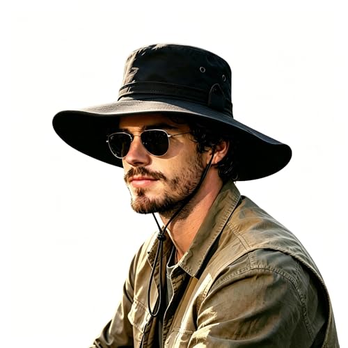 Sun Fishing Hat for Men UPF 50+ Wide Brim Boonie Hats for Summer - color: Black