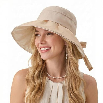 Women Summer Sun Hats Wide Brim Foldable Packable UPF 80+ UV Protection Travel Beach Outdoor Bucket Hat Bow Tie - color: Light Khaki