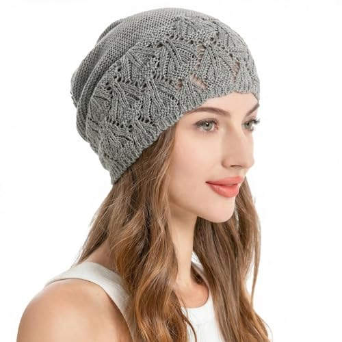 ZLYC Crochet Slouchy Beanie for Women Soft Lightweight Skull Cap - color: Solid Light Gray