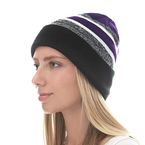 Winter Knit Beanie Hat with Pom Pom – Warm Cuffed Slouch Ski Cap for Men & Women - color: 2.black and Purple