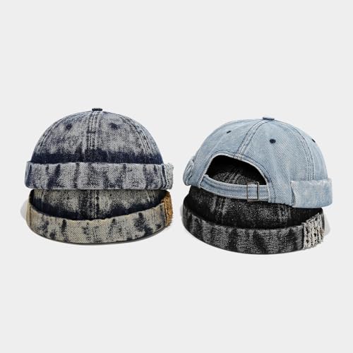 Unisex Washed Denim Distressed Rolled Cuff Brimless Docker Cap - color: 5 Pack
