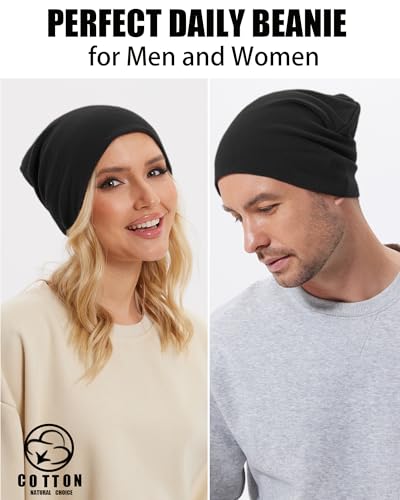 Thin 100% Cotton Fine-Knit Beanie Hat Slouchy Soft Chemo Skull Cap - color: 1-black