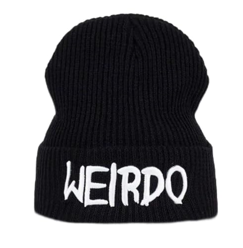 Weirdo Black Knit Beanie, Ribbed Winter Hat with Embroidered Text