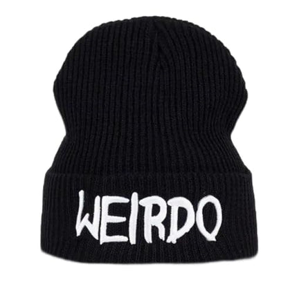 Weirdo Black Knit Beanie, Ribbed Winter Hat with Embroidered Text