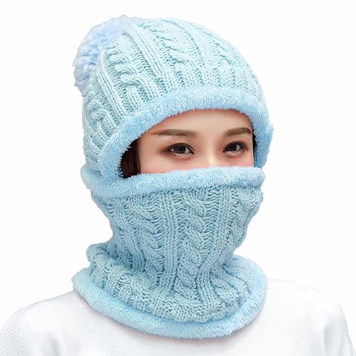HUAMULAN Women Winter Knit Beanie Hats One Piece Fleece Lined Balaclavas - color: Light Blue