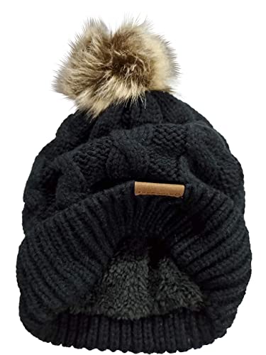 Novarena Thick Cable Knit Faux Fuzzy Fur Pom Fleece Lined Skull Cap Cuff Beanie - color: Black Pom Beanie