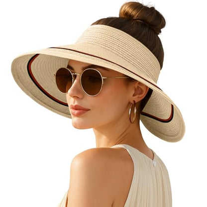 Women's Sun Visor Hats Wide Brim Straw Beach Hat Ponytail Hats for Women Foldable Floppy - color: 1pack-beige/Redstripe