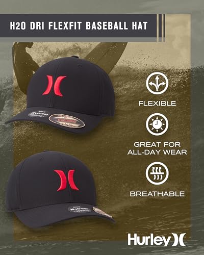 Hurley Mens Baseball Cap Curved Brim Moisture Wicking Flexfit Fitted Hats - color: Black/Red, size: Large-X-Large