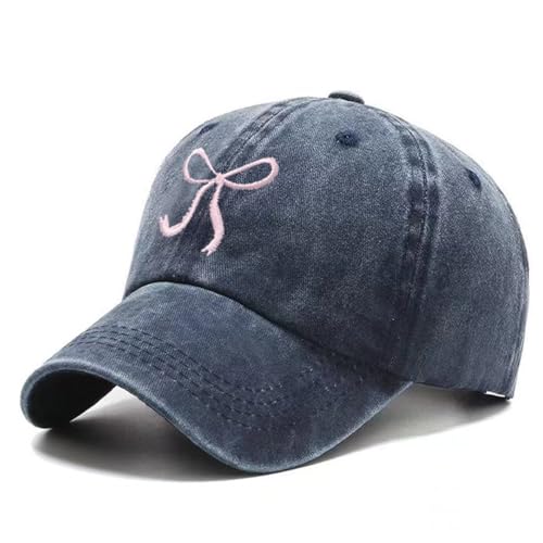 Bow-Tie Baseball Cap for Women Vintage Washed Cotton Adjustable Distressed Embroidered Dad Hat - color: Navy Blue