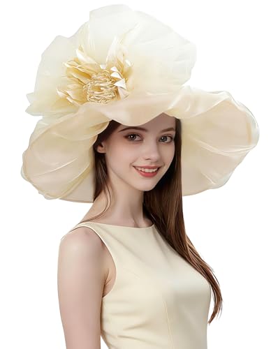 Organza Church Derby Hats for Women Wedding Tea Party Fascinator Floral Wide Brim Sun Hat - color: Style01 Apricot Beige