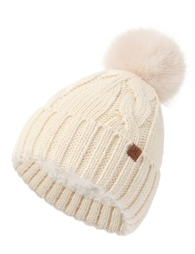 DS DADOU&XIAOSHAN Winter Hats for Women, Fleece Lined Beanie with Pom Pom, Girls Womens Knit Hat Beanies Toboggan - color: Beige
