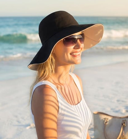 Womens Foldable Shapeable Brim Sun Hat UPF 50+ Cotton Wide Brim Beach Adjustable Chin Strap Hat Sun Protection Cap - color: Black