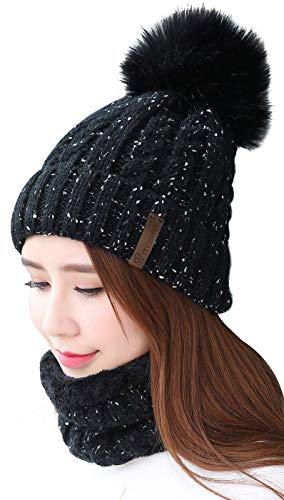 IYEBRAO Womens Winter Knit Beanie Hat and Scarf Set Girls Cute Slouchy Thick Fleece Lined Ski Hat Warm Skull Cap with Pom - color: Black