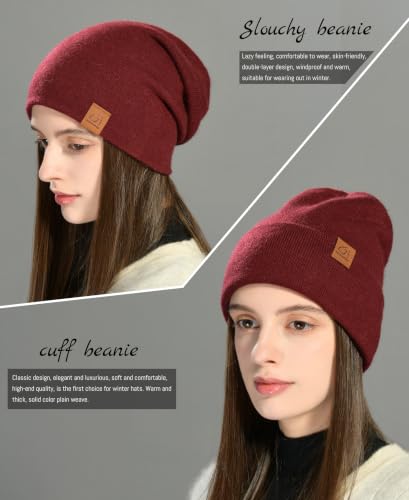 jaxmonoy Slouchy Knit Beanies Winter Hats for Women Men Soft Warm Reversible Slouch Cuffed Skull Knitted Beanie Cap - color: Wine Red