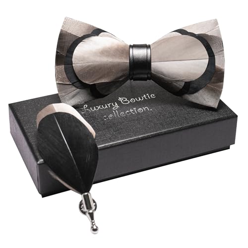RBOCOTT Handmade Feather Pre-tied Bow tie and Brooch Sets for Men - color: Brown/Black