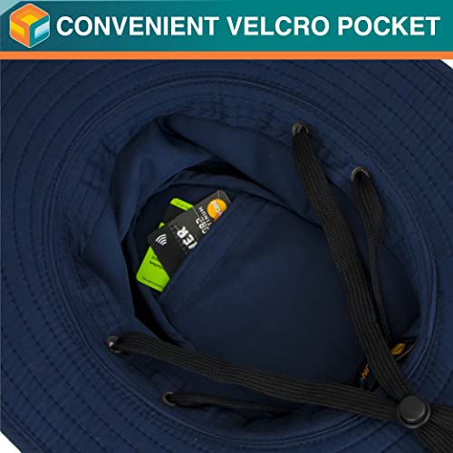 SUN CUBE Wide Brim Sun Hat for Men Women UPF 50+ UV Protection Safari Boonie Hat with Chin Strap, Pocket, Fishing Hiking Hat - color: Navy