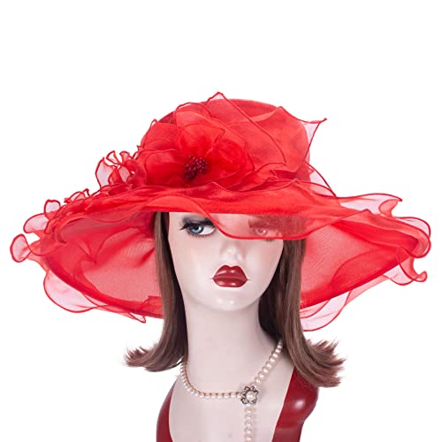 Lawliet Womens Dressy Wide Brim Church Wedding Occasion Sun Hat A613 - color: Red
