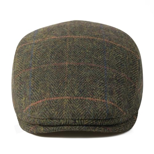 FEINION Men Wool Blend Flat Cap Tweed Newsboy Ivy Hat - color: Plaid Green