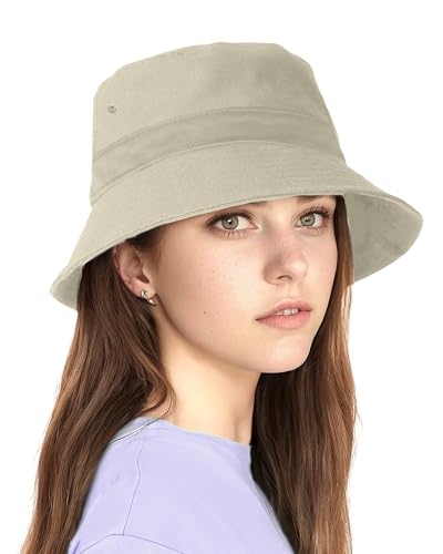 BFONS Cotton Bucket Hat Unisex for Women Men Summer Sun Beach Hat, Denim Packable Fisherman Cap for Casual Sports Trips - color: Khaki, size: Large