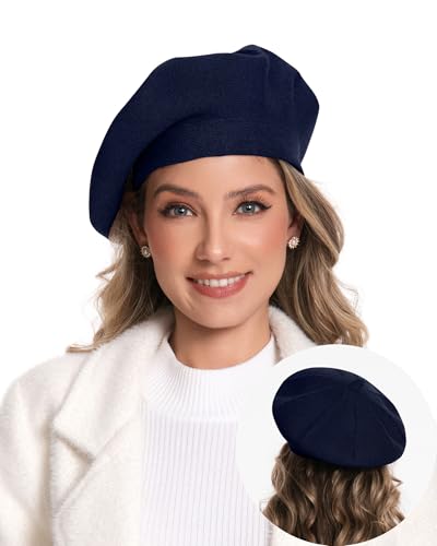 Women's Knitted Beret, French Style Double Layer Winter Autumn Warm and Soft Beanie Hat Cap - color: Dark Blue