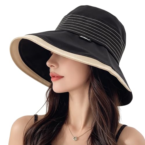 Women UPF50+ Wide Brim Bucket Sun Hat Wired Edge Adjustable Chin Strap - color: Black