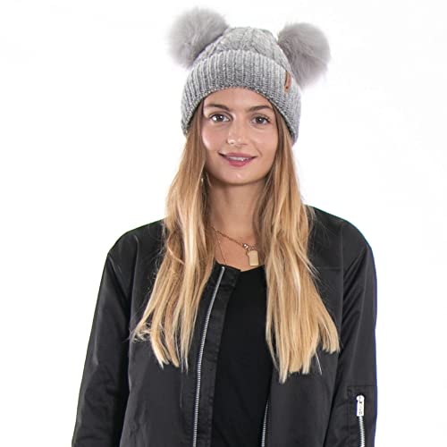 Arctic Paw Pom Pom Beanie Cable Knit Fleece Lined Winter Beanie Women Hat - color: Grey