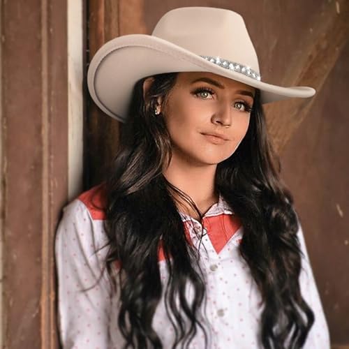 DRESHOW Western Cowboy Hat for Women and Men Wide Brim Glitter Cowboy Cowgirl Hat with Rhinestone Felt Fedora Hats - color: 1 Pack Style 10: Off-white