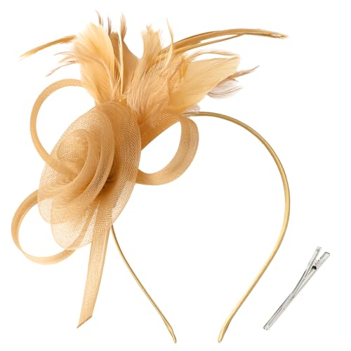 AMCAMI Fascinators Hats with Feather for Women 2026 Derby Hats Small Tea Party Hat with Headband - color: Gold