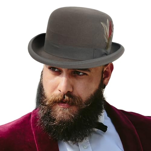 Men's Wool Fedora Hats Women Felt Bowler Derby Hat with Feather - color: Grey, size: Medium