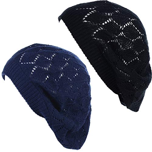 an Womens Lightweight Cut Out Knit Beanie Beret Cap Crochet Hat - Many Styles - color: 2681bknavy
