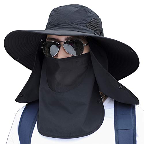 Men Women Safari Bucket Fishing Sun Hats Face Cover Neck Flap - color: Black