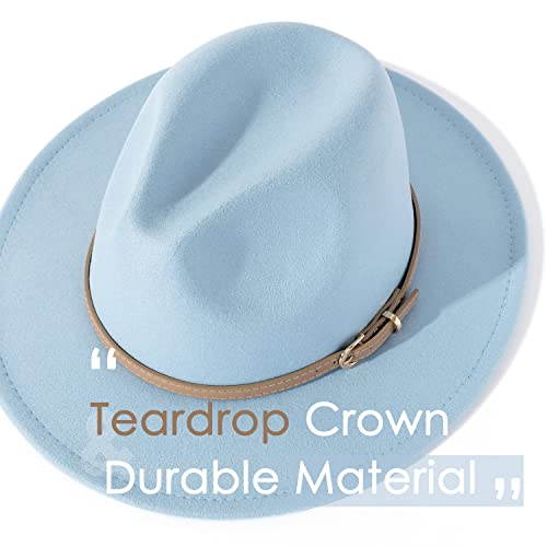 Lisianthus Women Classic Felt Fedora Wide Brim Hat with Belt Buckle - color: Light Sky Blue