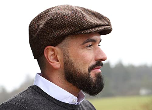 Hanna Hats Traditional Irish Tweed Eight Piece Cap. Unisex Newsboy Cap. Button Crown & Taffeta Lining. 100% Made in Ireland. - color: Brown Fleck Salt & Pepper, size: Medium