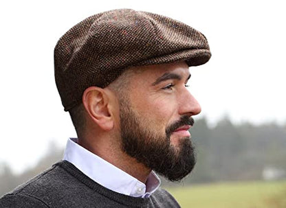 Hanna Hats Traditional Irish Tweed Eight Piece Cap. Unisex Newsboy Cap. Button Crown & Taffeta Lining. 100% Made in Ireland. - color: Brown Fleck Salt & Pepper, size: Small