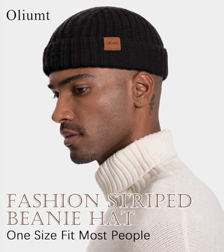 Fisherman Short Beanie Hats for Men, Knit Skull Cap Cuff Trawler Hat Mens Stylish Watch Cap Winter Warm Hat for Daily Wear - color: Black, Grey