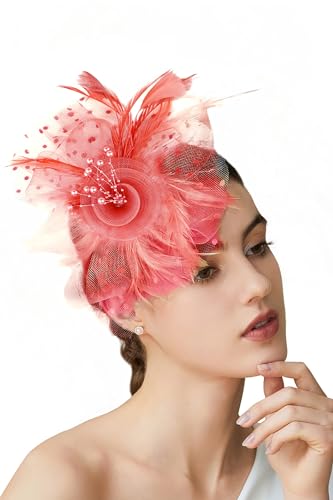 BABEYOND Fascinators Hats for Women Tea Party Flower Tulle Bead Derby Hat - color: Watermelon Red