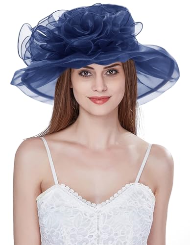 Women Derby Fascinator Hat Organza Church Wedding Hats Wide Brim Cocktail Tea Party Hat - color: 32 Navy Blue