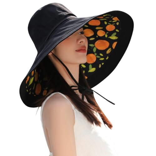 6" Extra Wide Brim Sun Hats UPF 50+ UV Protection Packable Beach Hat Strap Women - color: R-black