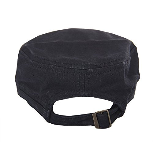 QZUnique Adjustable Flat Top Cap Solid Brim Army Cadet Style Military Hat - color: A- Black