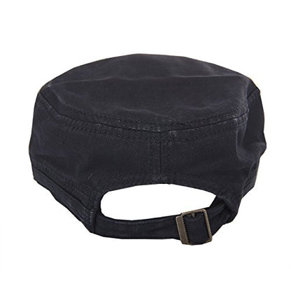 QZUnique Adjustable Flat Top Cap Solid Brim Army Cadet Style Military Hat - color: A- Black