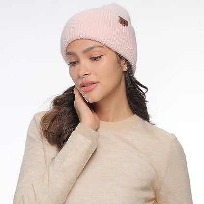 C.C Fuzzy Beanie for Women Unisex - Acrylic Stretchable Soft Warm Knit Winter Skully Hat - color: Angora-pink