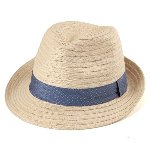 LADYBRO Straw Trilby Hat for Men Summer Sun Fedoras Beach Panama Adjustable - color: 001 Beige, size: Medium-Large