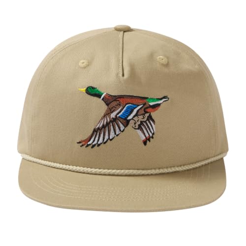 BASSDASH Embroidered Soft Top Flat Brim Duck Hat Snapback Cap for Hunting, Fishing, and Outdoor Activities - color: Khaki/Mallard